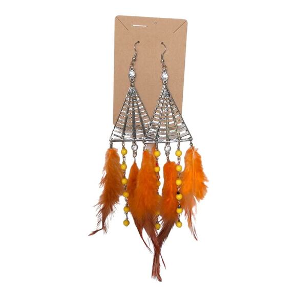 Boho Chic Pattern Metal Chandelier With Beads And Orange Feathers Earrings - Picture 4 of 12